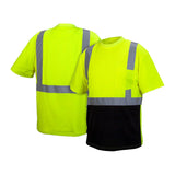 The Pyramex RTS21B Series Hi-Vis shirts by Pyramex Safety are short-sleeved and feature bright yellow with reflective gray stripes. They have a black lower front and a full yellow and gray pattern on the back, offering moisture-wicking technology for enhanced comfort.