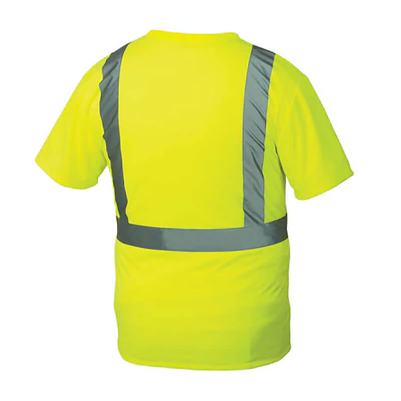 The Pyramex Safety RTS21 Type R - Class 2 Hi-Vis T-Shirt features a bright yellow back, reflective gray stripes for ANSI/ISEA 107-2015 compliance, and moisture-wicking fabric for all-day comfort.