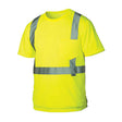 The Pyramex Safety RTS21 Type R - Class 2 Hi-Vis T-Shirt features bright yellow moisture-wicking fabric, a front pocket, gray reflective stripes on chest, shoulders, and waist, and meets ANSI/ISEA 107-2015 for safety.
