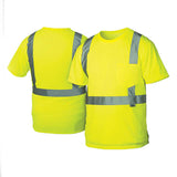 Two Pyramex Safety RTS21 Type R Class 2 hi-vis t-shirts, shown front and back, feature bright yellow fabric, reflective silver stripes, a front pocket, moisture-wicking material, and meet ANSI/ISEA 107-2015 standards.