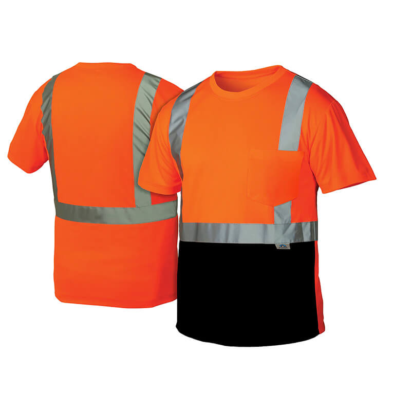 Two Pyramex Safety RTS21B Series Hi-Vis Black Bottom T-Shirts are shown, displaying front and back. Both are orange with silver reflective stripes, a black lower front, chest pocket, and meet ANSI/ISEA 107-2015 standards.