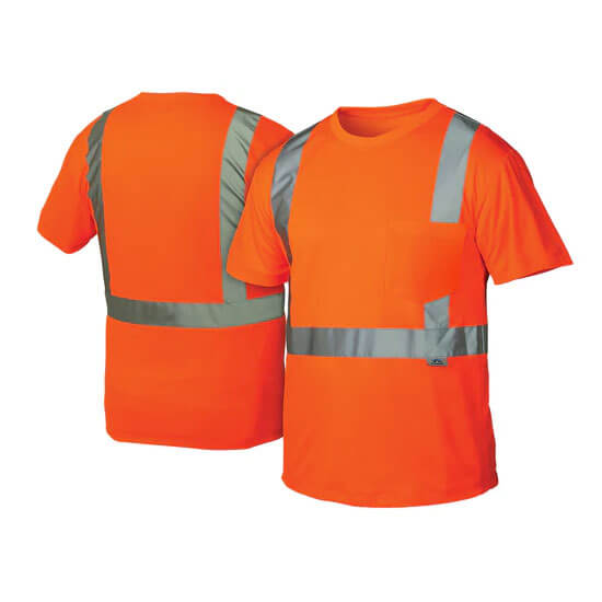 Two Pyramex Safety RTS21 Type R - Class 2 Hi-Vis T-Shirts in bright orange with silver reflective stripes, shown front and back. Moisture-wicking shirts meet ANSI/ISEA 107-2015 standards for safety and comfort.