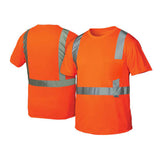 Two Pyramex Safety RTS21 Type R - Class 2 Hi-Vis T-Shirts in bright orange with silver reflective stripes, shown front and back. Moisture-wicking shirts meet ANSI/ISEA 107-2015 standards for safety and comfort.