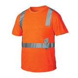 The Pyramex Safety RTS21 Type R - Class 2 Hi-Vis T-Shirt features bright orange fabric, a chest pocket, and reflective stripes for high visibility and moisture-wicking comfort; meets ANSI/ISEA 107-2015 standards.