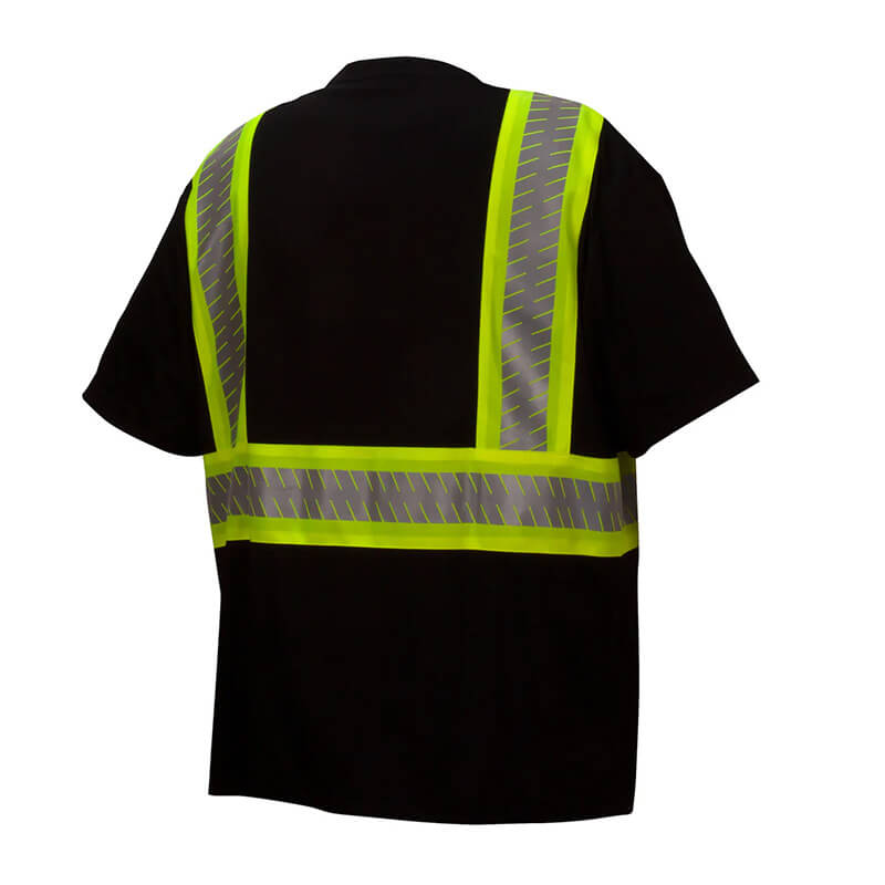 The Pyramex Enhanced Visibility T-Shirt RTS2311 by Pyramex Safety is a black short-sleeve shirt designed for enhanced visibility. It features bright yellow reflective safety stripes on the back, forming a square pattern with two vertical and one horizontal line, and meets ANSI/ISEA 107-2015 standards for high visibility.