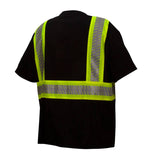 The Pyramex Enhanced Visibility T-Shirt RTS2311 by Pyramex Safety is a black short-sleeve shirt designed for enhanced visibility. It features bright yellow reflective safety stripes on the back, forming a square pattern with two vertical and one horizontal line, and meets ANSI/ISEA 107-2015 standards for high visibility.