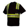 The Pyramex Safety RTS2311 Enhanced Visibility T-Shirt is a black top featuring bright yellow reflective safety strips across the chest, back, and shoulders to improve visibility.