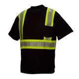 The Pyramex Safety RTS2311 Enhanced Visibility T-Shirt is a black top featuring bright yellow reflective safety strips across the chest, back, and shoulders to improve visibility.
