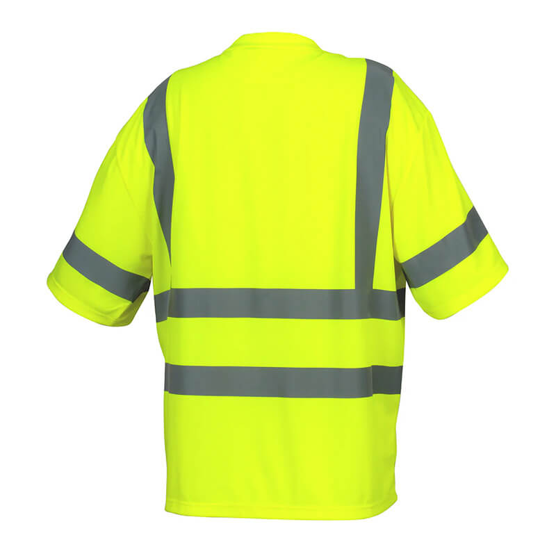 A short-sleeved Pyramex RTS34 Series Type R Class 3 T-Shirt in bright yellow, featuring horizontal and vertical reflective gray stripes, is displayed from the back on a plain white background—ideal high-visibility summer workwear from Pyramex Safety.