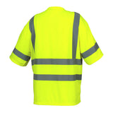 A short-sleeved Pyramex RTS34 Series Type R Class 3 T-Shirt in bright yellow, featuring horizontal and vertical reflective gray stripes, is displayed from the back on a plain white background—ideal high-visibility summer workwear from Pyramex Safety.