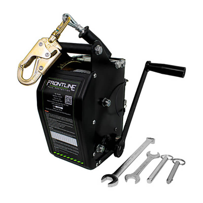 The Frontline MEGApod 60' Confined Space Winch with galvanized steel cable by Frontline Fall Production, includes a hand crank, gold safety hook, and four assorted metal wrenches, shown on a white background.