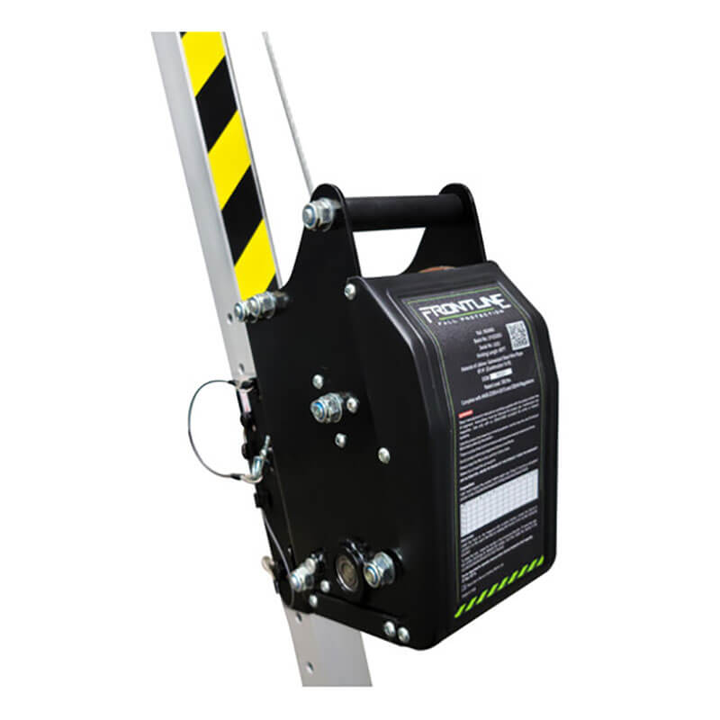 Close-up of the Frontline Fall Production MEGApod 60' Confined Space Winch with a galvanized steel cable, mounted to a silver ladder featuring yellow and black caution stripes for enhanced safety and durability.