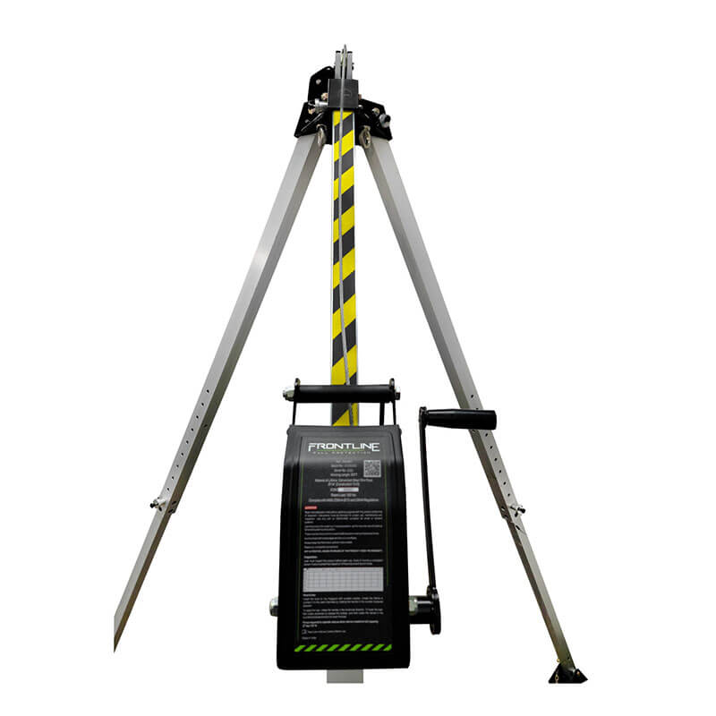 The Frontline Fall Protection MEGApod 60' Confined Space Winch features a silver tripod with a yellow-black striped central pole, manual crank, instruction panel, and galvanized steel cable for safe confined space access.