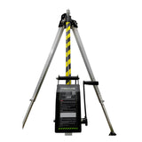 The Frontline Fall Protection MEGApod 60' Confined Space Winch features a silver tripod with a yellow-black striped central pole, manual crank, instruction panel, and galvanized steel cable for safe confined space access.
