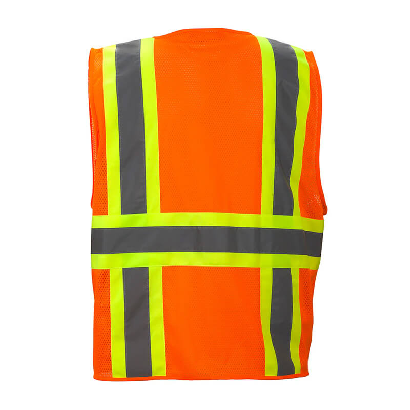 The Pyramex Safety RVZ23 Series Hi-Viz Safety Vest in orange features ANSI Class 2 compliance, with vertical and horizontal yellow reflective stripes and dark gray accents, shown from the back.