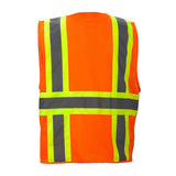 The Pyramex Safety RVZ23 Series Hi-Viz Safety Vest in orange features ANSI Class 2 compliance, with vertical and horizontal yellow reflective stripes and dark gray accents, shown from the back.