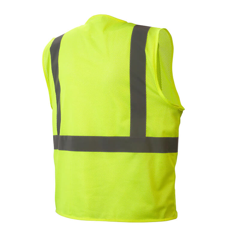 The Pyramex All Mesh Hi-Vis Safety Vest RVHLM29 by Pyramex Safety features a bright lime design with reflective gray stripes on the back, made from durable polyester mesh material to improve visibility in low-light conditions.