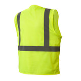 The Pyramex All Mesh Hi-Vis Safety Vest RVHLM29 by Pyramex Safety features a bright lime design with reflective gray stripes on the back, made from durable polyester mesh material to improve visibility in low-light conditions.