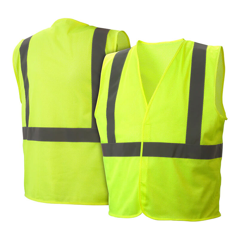 Two Pyramex Safety RVHLM29 safety vests, designed with Hi-Vis Lime color and reflective gray stripes, made from durable polyester mesh. One vest is shown from the back and the other from the front, highlighting their outstanding visibility features for enhanced safety in high-traffic or low-light conditions.