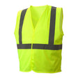 The Pyramex All Mesh Hi-Vis Safety Vest RVHLM29 by Pyramex Safety is made from sturdy polyester mesh fabric and includes two vertical and two horizontal reflective stripes. Its sleeveless style with a V-neck opening offers both comfort and high visibility. Displayed against a plain white background, the vibrant vest emphasizes its safety features.