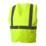 The Pyramex All Mesh Hi-Vis Safety Vest RVHLM29 by Pyramex Safety is made from sturdy polyester mesh fabric and includes two vertical and two horizontal reflective stripes. Its sleeveless style with a V-neck opening offers both comfort and high visibility. Displayed against a plain white background, the vibrant vest emphasizes its safety features.