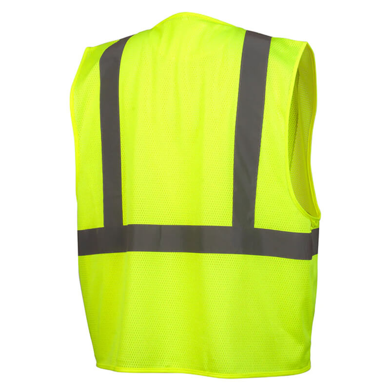The Pyramex Safety RVZ21CP Class 2 Economy Vest features Hi-Vis yellow fabric and wide reflective gray stripes in an upside-down "U" on the back, made with ANSI Type R Class 2 material for enhanced low-light visibility.