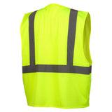 The Pyramex Safety RVZ21CP Class 2 Economy Vest features Hi-Vis yellow fabric and wide reflective gray stripes in an upside-down "U" on the back, made with ANSI Type R Class 2 material for enhanced low-light visibility.
