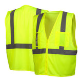 Two Pyramex Safety Class 2 Economy Vests in fluorescent yellow with horizontal and vertical reflective gray stripes, shown front and back. The Pyramex RVZ21CP features a zipper, pockets, clear pocket, and meets ANSI Type R Class 2 standards.