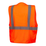 The Pyramex Class 2 Economy Vest with Clear Pocket RVZ21CP by Pyramex Safety is a bright orange hi-vis safety vest featuring reflective gray stripes, displayed from the back against a white background.