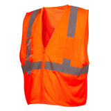 The Pyramex Safety Class 2 Economy Vest with Clear Pocket (RVZ21CP) features bright orange hi-vis color, reflective silver strips, a front zipper, and multiple pockets, meeting ANSI Type R Class 2 standards for workplace visibility.