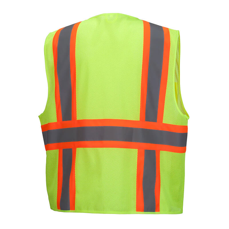 The Pyramex RVZ23 Series Hi-Viz Safety Vest by Pyramex Safety, in fluorescent yellow with orange and gray reflective stripes, is shown from the back on a white background. This ANSI Class 2 vest boosts visibility for maximum safety.