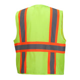 The Pyramex RVZ23 Series Hi-Viz Safety Vest by Pyramex Safety, in fluorescent yellow with orange and gray reflective stripes, is shown from the back on a white background. This ANSI Class 2 vest boosts visibility for maximum safety.
