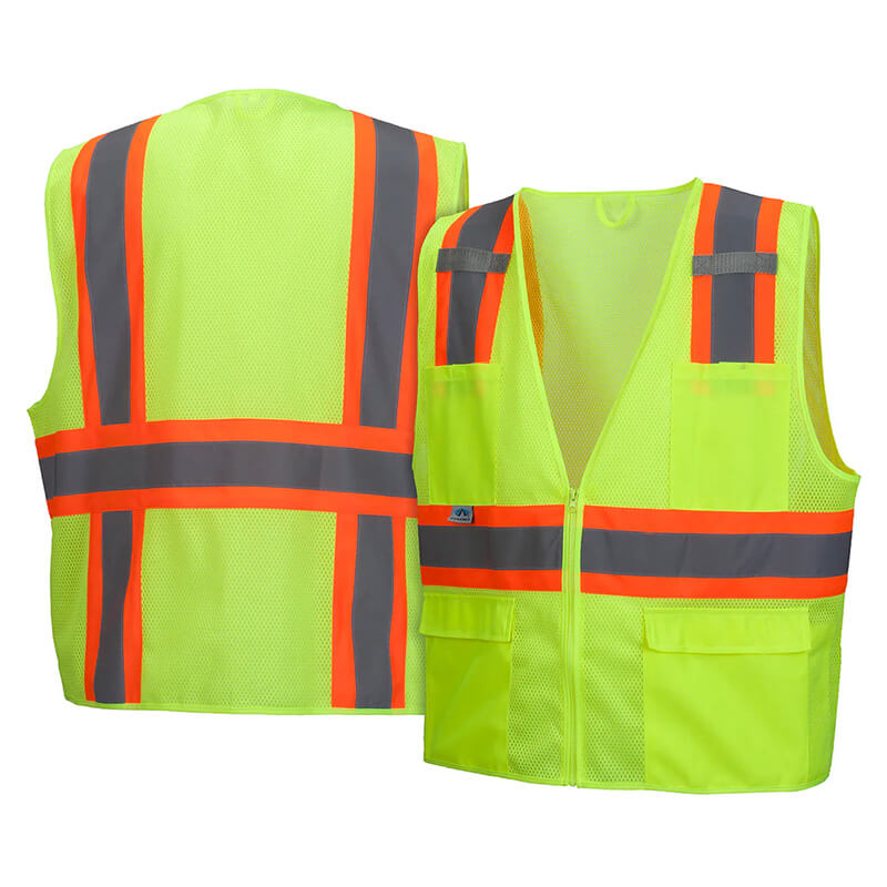 The Pyramex RVZ23 Series Hi-Viz Safety Vest by Pyramex Safety is shown front and back, with bright yellow fabric, orange and gray reflective stripes, zipper closure, two front pockets, and ANSI Class 2 compliance.