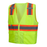The Pyramex RVZ23 Series Hi-Viz Safety Vest by Pyramex Safety features fluorescent yellow fabric, orange and gray reflective stripes, a front zipper closure, and two large pockets. ANSI Class 2 rated for enhanced visibility and safety.
