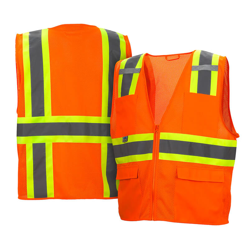 Two orange Pyramex RVZ23 Series Hi-Viz Safety Vests from Pyramex Safety, both ANSI Class 2 with yellow and gray reflective stripes; one vest is shown from the back and one from the front displaying a zipper and pockets.