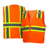 Two orange Pyramex RVZ23 Series Hi-Viz Safety Vests from Pyramex Safety, both ANSI Class 2 with yellow and gray reflective stripes; one vest is shown from the back and one from the front displaying a zipper and pockets.
