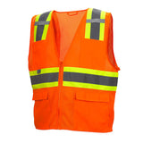 The Pyramex RVZ23 Series Hi-Viz Safety Vest by Pyramex Safety is an ANSI Class 2 orange vest featuring yellow and silver reflective stripes, zip-up front, and two lower pockets for maximum visibility.