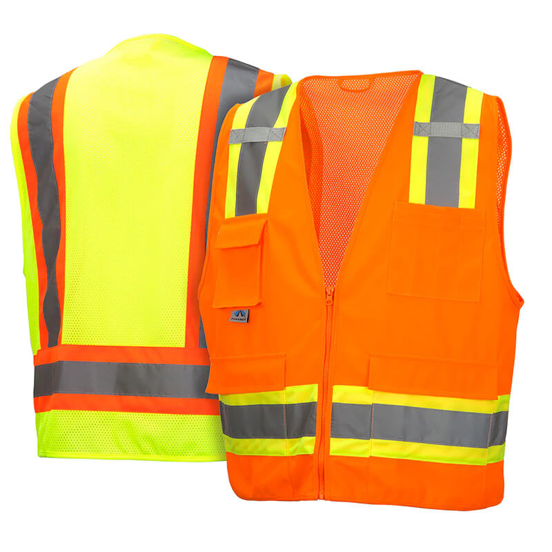 Two Pyramex Safety RVZ24 Series Hi-Viz vests: a neon yellow vest (ANSI Type R Class 2, gray and orange stripes, back view) and a neon orange vest with similar stripes, zipper front, and multiple pockets (front view).
