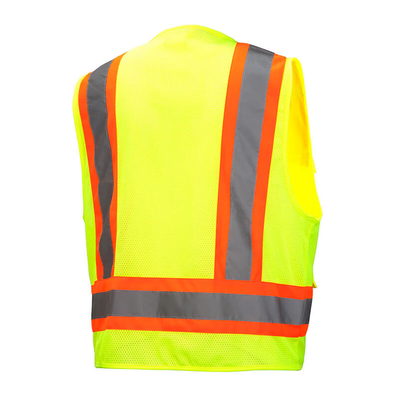 The Pyramex RVZ24 Series Hi-Viz Safety Vest by Pyramex Safety features a bright yellow design with reflective orange and gray stripes on the back. It meets ANSI Type R - Class 2 standards for high visibility, ideal for construction or road work to enhance safety.