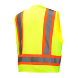 The Pyramex RVZ24 Series Hi-Viz Safety Vest by Pyramex Safety features a bright yellow design with reflective orange and gray stripes on the back. It meets ANSI Type R - Class 2 standards for high visibility, ideal for construction or road work to enhance safety.