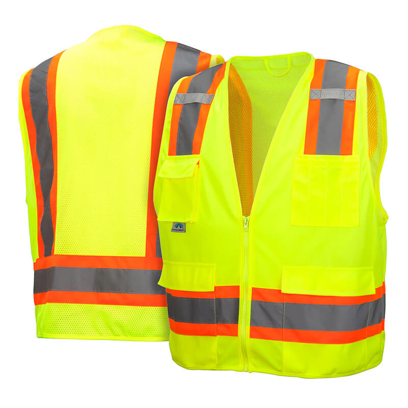 Two Pyramex RVZ24 Series Hi-Viz Safety Vests from Pyramex Safety are shown; one highlights the front with pockets and a zipper, the other displays the back. These ANSI Type R - Class 2 vests come in neon yellow with gray and orange reflective stripes.