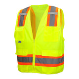The Pyramex Safety RVZ24 Series Hi-Viz Safety Vest, made with orange and gray reflective material, offers a sleeveless design with multiple pockets and meets ANSI Type R - Class 2 standards for improved visibility in construction or high-traffic areas.