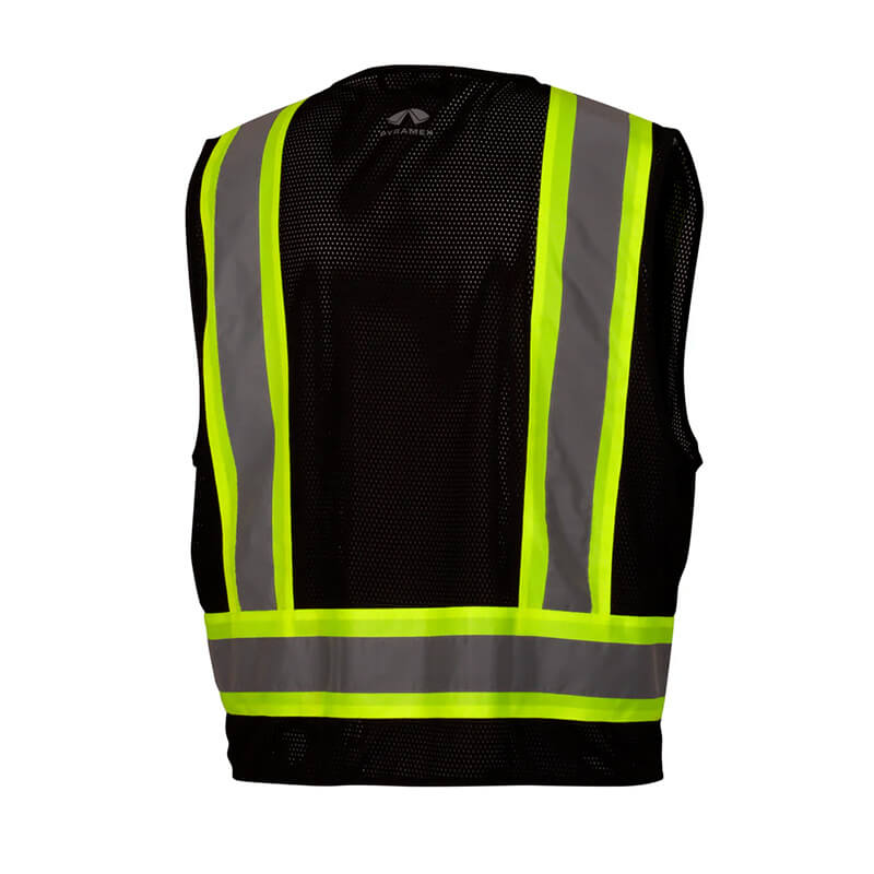 The Pyramex Safety RVZ2411CP Enhanced Visibility Survey Vest features black mesh with wide reflective gray and yellow-green stripes running vertically and horizontally on the back.