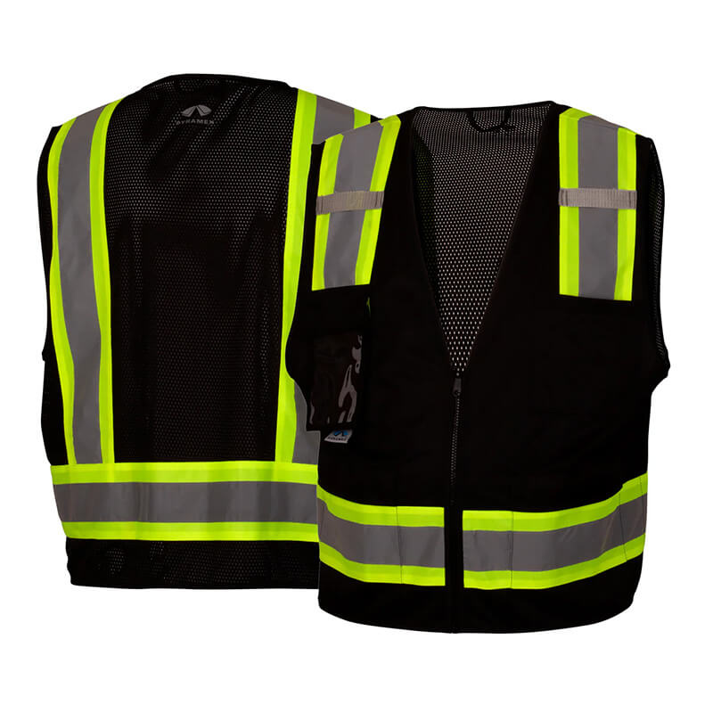 Two Pyramex Enhanced Visibility Survey Vests RVZ2411CP from Pyramex Safety, featuring a black design with bright yellow stripes and gray accents, ensure enhanced visibility. One vest is displayed unzipped from the front, while the other is shown from the back for a comprehensive view of their hi-visibility features.