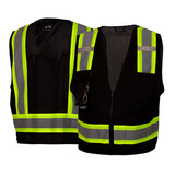 Two Pyramex Enhanced Visibility Survey Vests RVZ2411CP from Pyramex Safety, featuring a black design with bright yellow stripes and gray accents, ensure enhanced visibility. One vest is displayed unzipped from the front, while the other is shown from the back for a comprehensive view of their hi-visibility features.