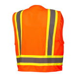 The Pyramex RVZ24 Series Hi-Viz Safety Vest by Pyramex Safety features yellow and gray reflective stripes on the back, crafted from premium reflective material. This ANSI Type R - Class 2 vest ensures optimal visibility for improved safety.