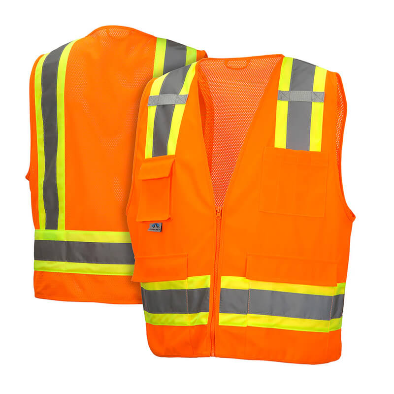 Two Pyramex Safety RVZ24 Series Hi-Viz Safety Vests in orange with yellow and gray reflective stripes, shown front and back. These ANSI Type R Class 2 vests have pockets and are designed for optimal work safety.