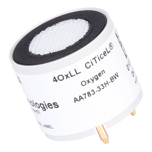 The image displays a cylindrical sensor designed for GasAlert MicroClip X3 gas monitors, showcasing a black top with a mesh-like surface and gold connectors at the base. The white label indicates "4OxLL CiTiceL Oxygen AA78-33H-BW." This is the BW Technologies GasAlert MicroClip X3 Replacement O2 Sensor SR-X3P by BW Honeywell.
