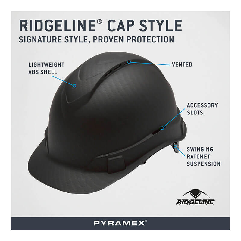 The Pyramex Safety Hydro Dipped Ridgeline Vented Cap Style Hard Hat features a lightweight ABS shell, vented top, accessory slots, and 4-point swinging ratchet suspension for comfort, protection, and signature style.