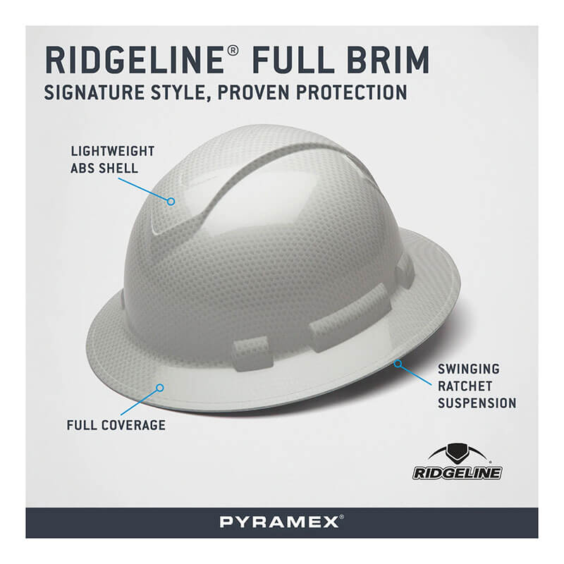 Image of the Pyramex Safety Hydro Dipped Ridgeline Full Brim Hard Hat (12/Case) featuring a lightweight ABS shell, ANSI Z89.1-2014 certification, full brim coverage, swinging ratchet suspension, and visible product branding on a white background.